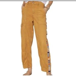Anthropologie Brendan Utility Cargo Yellow Embroidered Side Stripe Pants 12